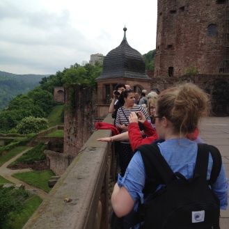 The gang on the balcony overlooking the city at Heidelberg's castle.